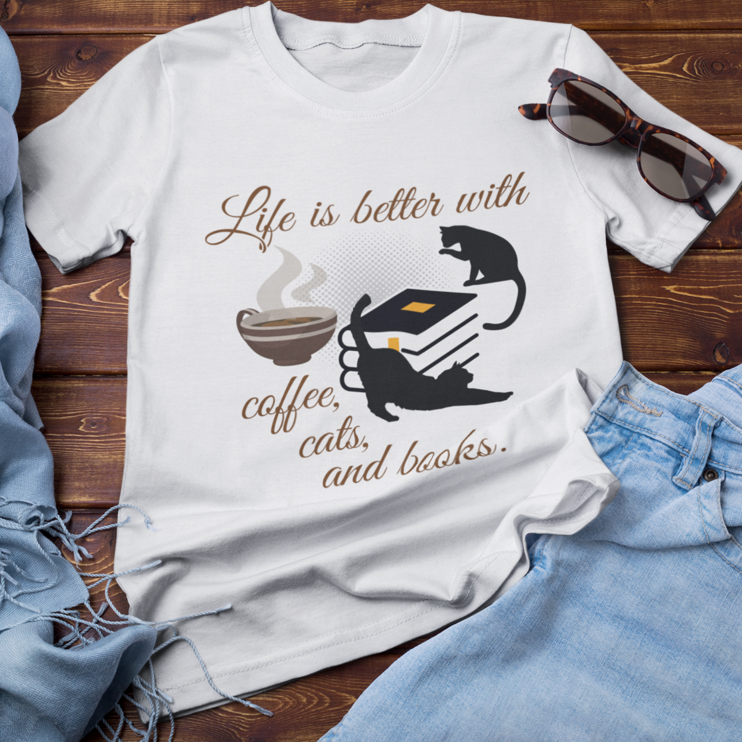Life Is Better With Coffee, Cats, and Books Unisex T-Shirt
