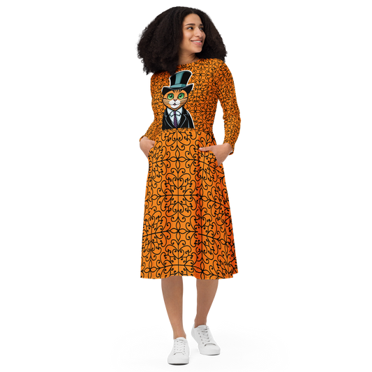 Halloween Cartoon Cat All-over Print Long Sleeve Midi Dress