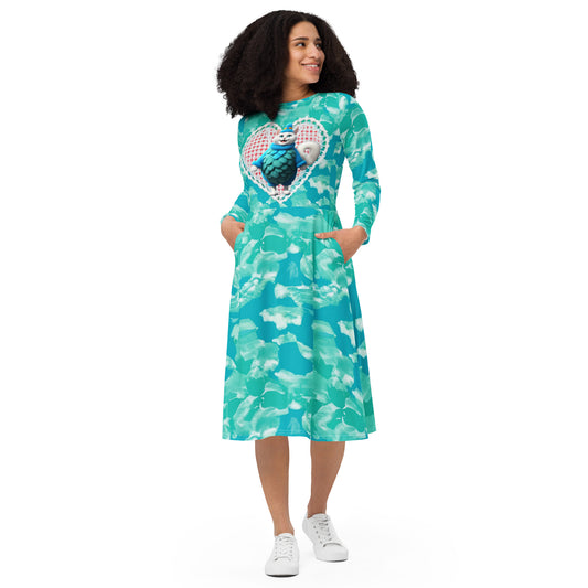 Blue Cartoon Cat All-over Print Long Sleeve Midi Dress
