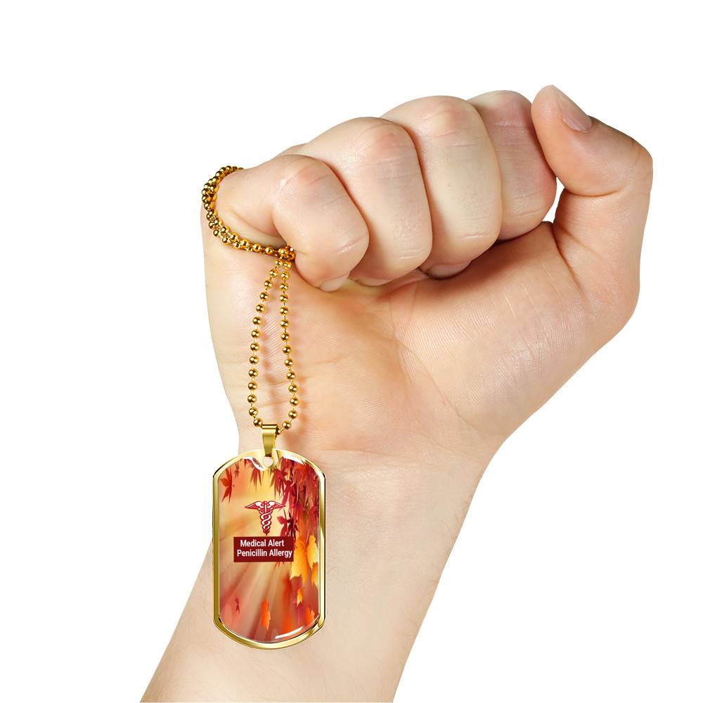 Gold Medical Alert Penicillin Allergy Autumn Leaves Pendant with Ball Chain