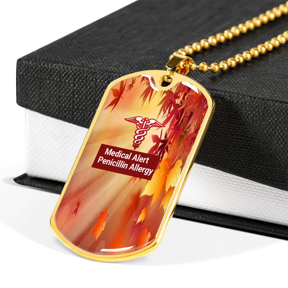 Gold Medical Alert Penicillin Allergy Autumn Leaves Pendant with Ball Chain