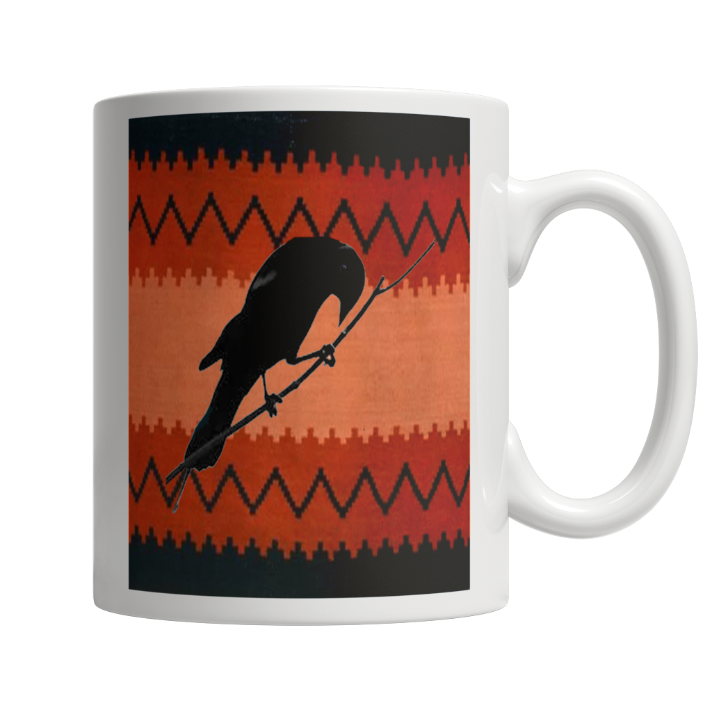 Raven with Red and Black Hopi Rug Background on White Coffee Mug