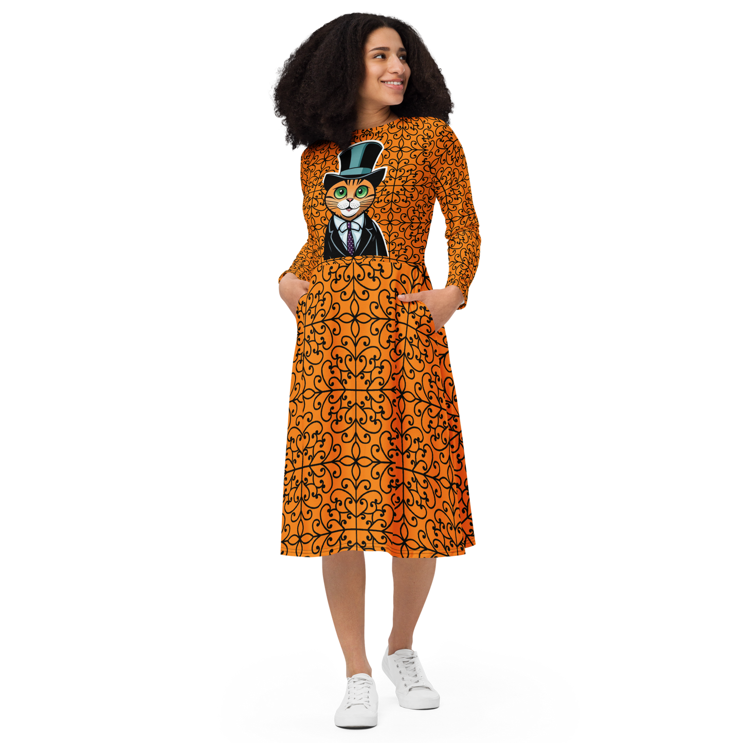 Halloween Cartoon Cat All-over Print Long Sleeve Midi Dress