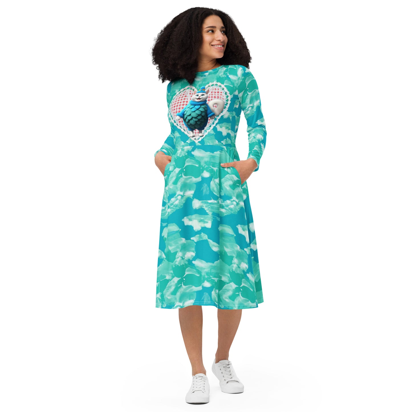 Blue Cartoon Cat All-over Print Long Sleeve Midi Dress