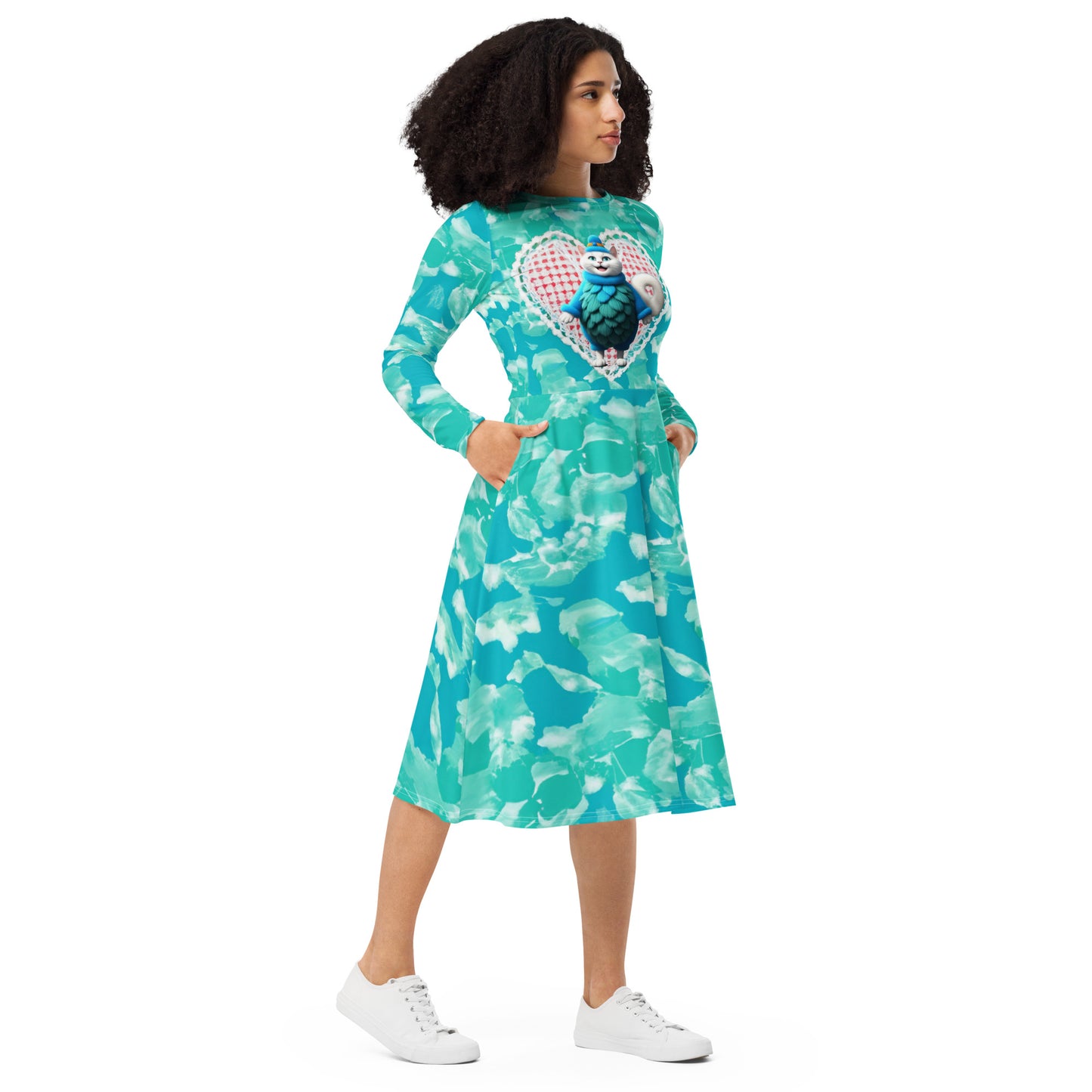 Blue Cartoon Cat All-over Print Long Sleeve Midi Dress