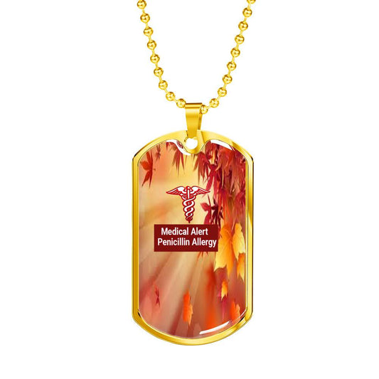 Gold Medical Alert Penicillin Allergy Autumn Leaves Pendant with Ball Chain