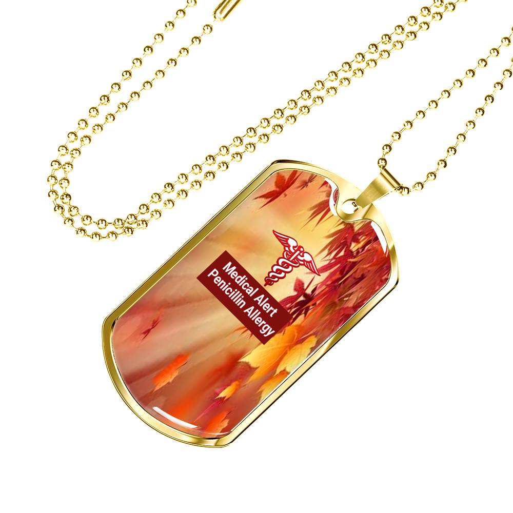 Gold Medical Alert Penicillin Allergy Autumn Leaves Pendant with Ball Chain