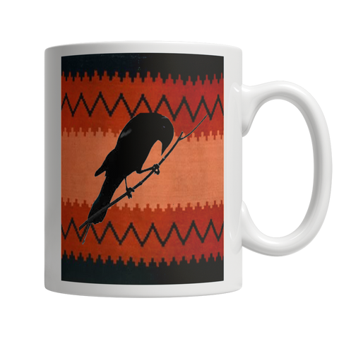 Raven with Red and Black Hopi Rug Background on White Coffee Mug